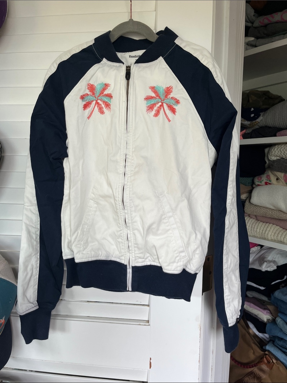 Reebok White and Navy Palm Embroidered Bomber Jacket NWOT